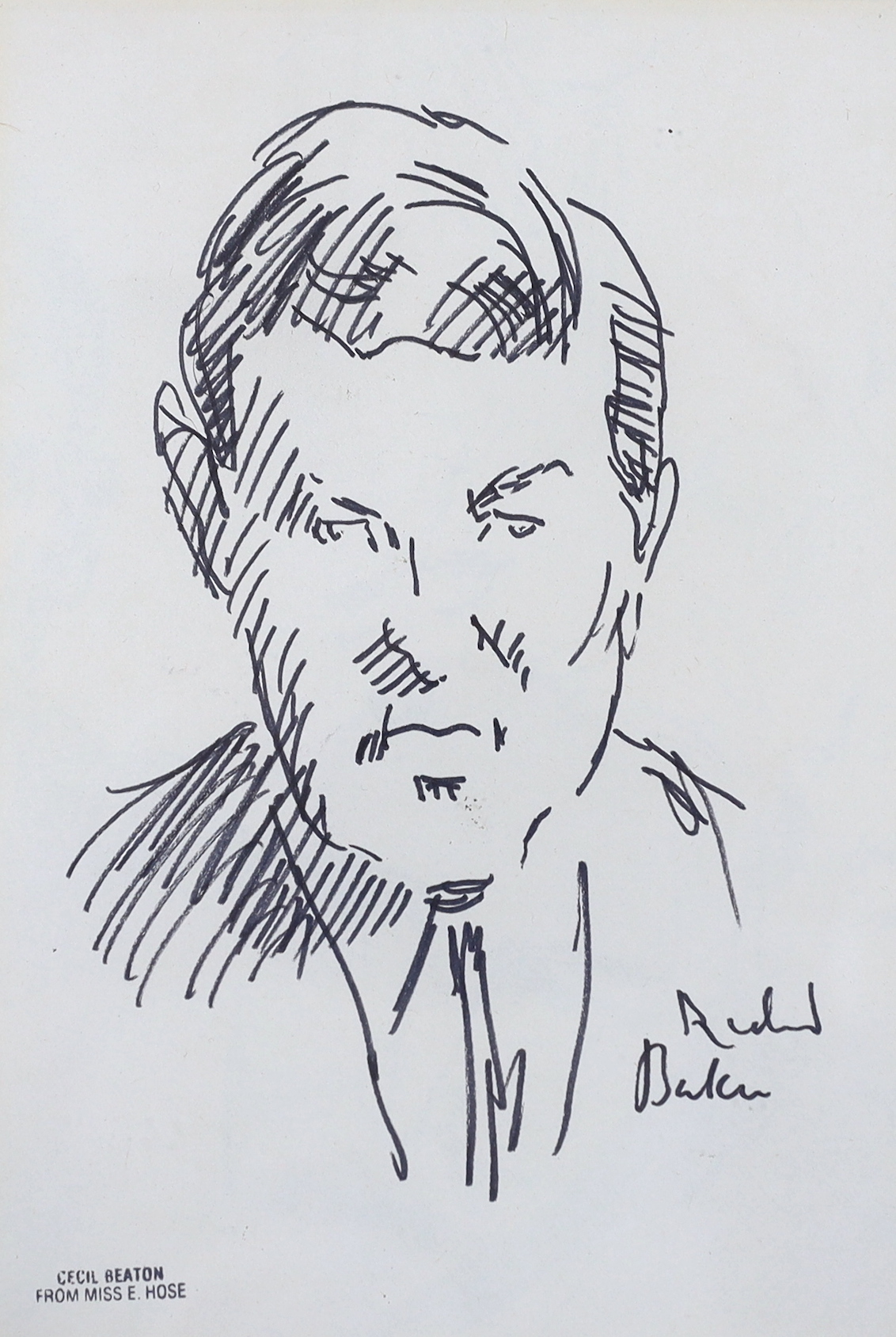 Cecil Beaton (1904-1980), pen and ink sketch, Portrait of newsreader Richard Baker, inscribed, with ‘Cecil Beaton from Miss E Hose’ stamp and pencil sketches verso, 19 x 12cm